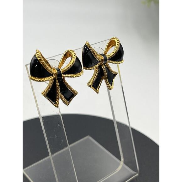 Kenneth Jay Lane for Avon Black Enamel Bow Pendant Enhancer‎ Clip Earrings Set - Picture 4 of 16